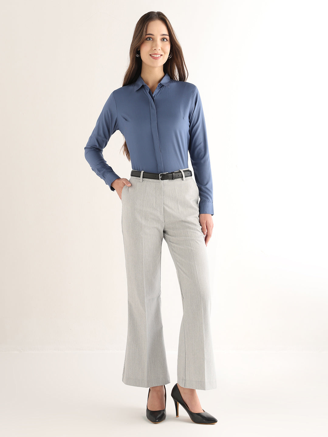 Hancock Women Bluish Grey Solid Viscose Rayon Regular Fit Formal Shirt