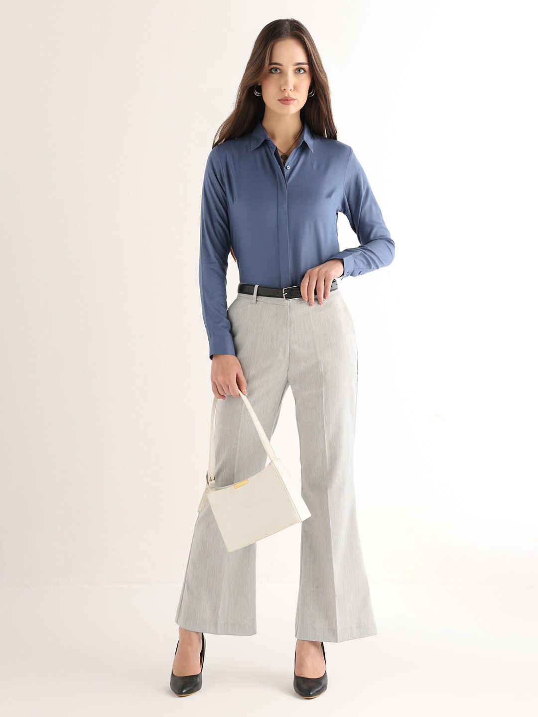 Hancock Women Bluish Grey Solid Viscose Rayon Regular Fit Formal Shirt