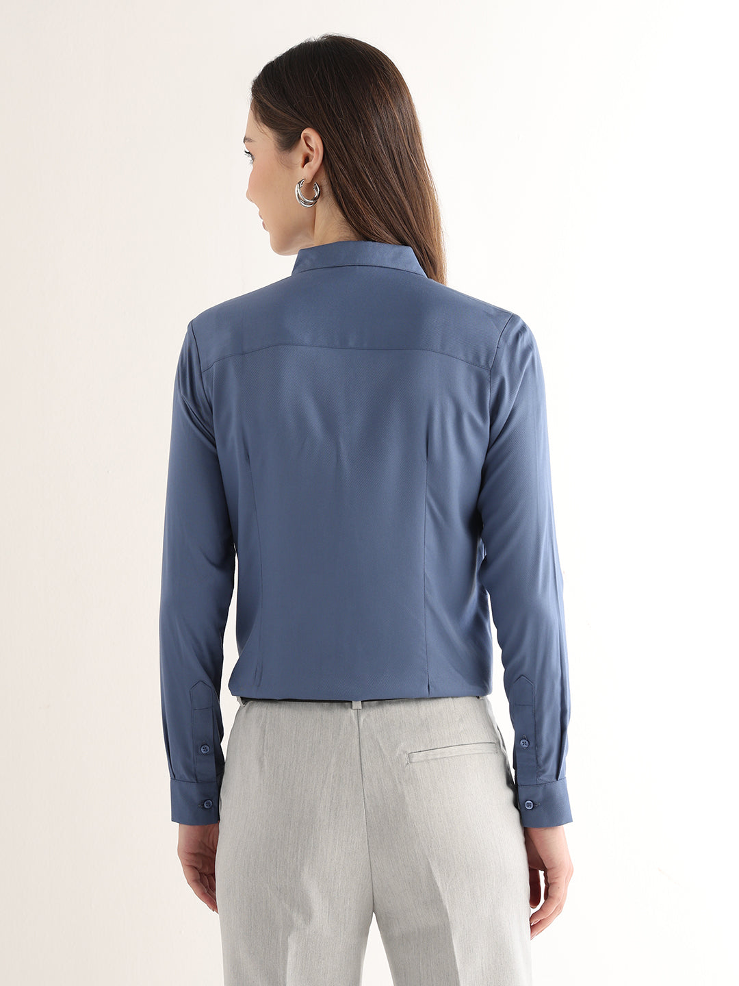 Hancock Women Bluish Grey Solid Viscose Rayon Regular Fit Formal Shirt