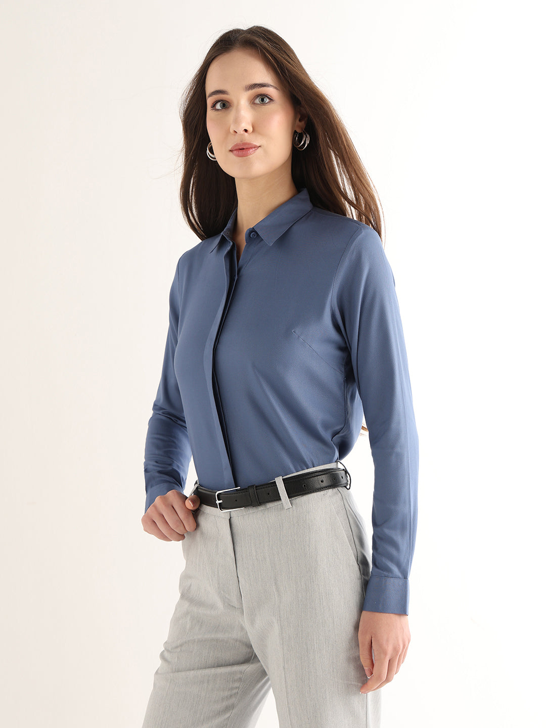 Hancock Women Bluish Grey Solid Viscose Rayon Regular Fit Formal Shirt