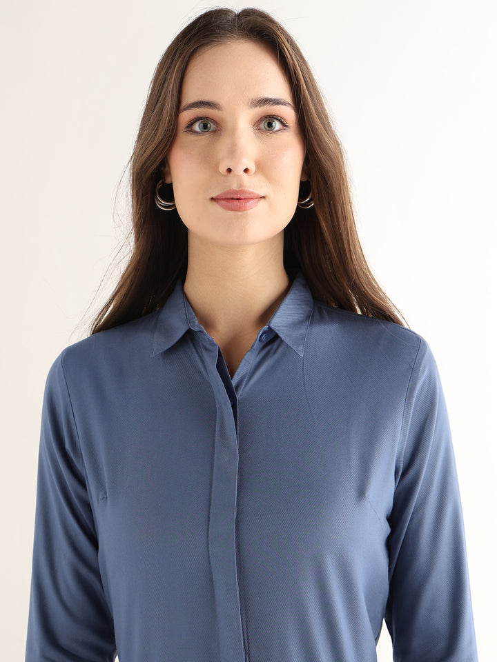 Hancock Women Bluish Grey Solid Viscose Rayon Regular Fit Formal Shirt