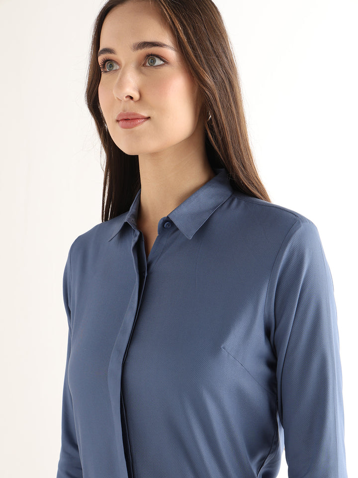 Hancock Women Bluish Grey Solid Viscose Rayon Regular Fit Formal Shirt