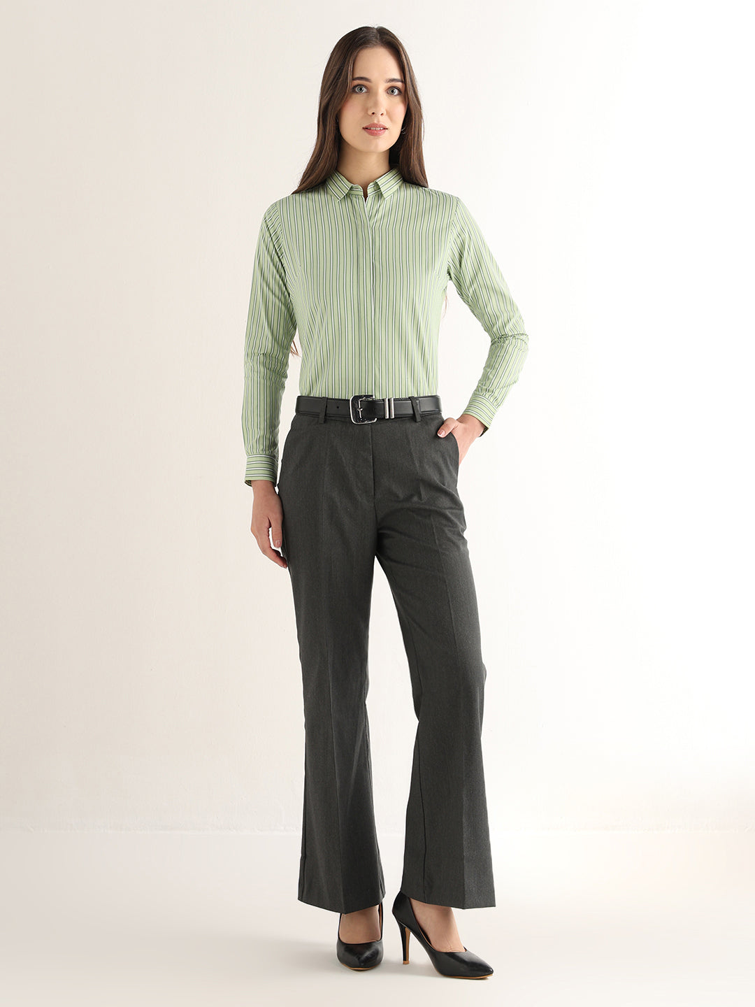 Hancock Women Green Striped Pure Cotton Regular Fit Formal Shirt