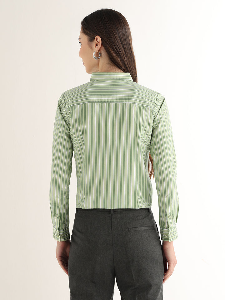 Hancock Women Green Striped Pure Cotton Regular Fit Formal Shirt