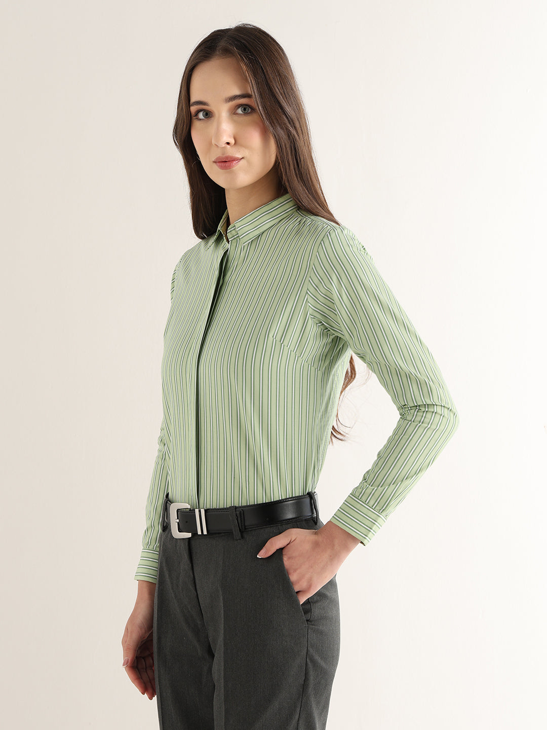 Hancock Women Green Striped Pure Cotton Regular Fit Formal Shirt