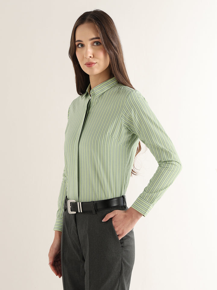 Hancock Women Green Striped Pure Cotton Regular Fit Formal Shirt