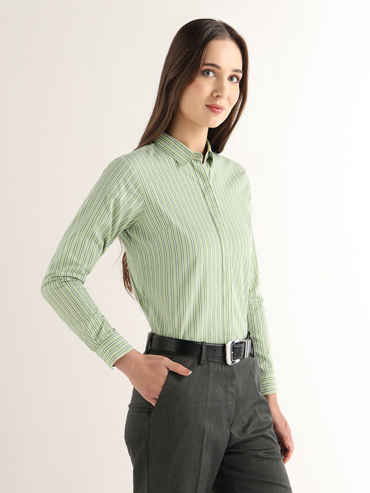 Hancock Women Green Striped Pure Cotton Regular Fit Formal Shirt