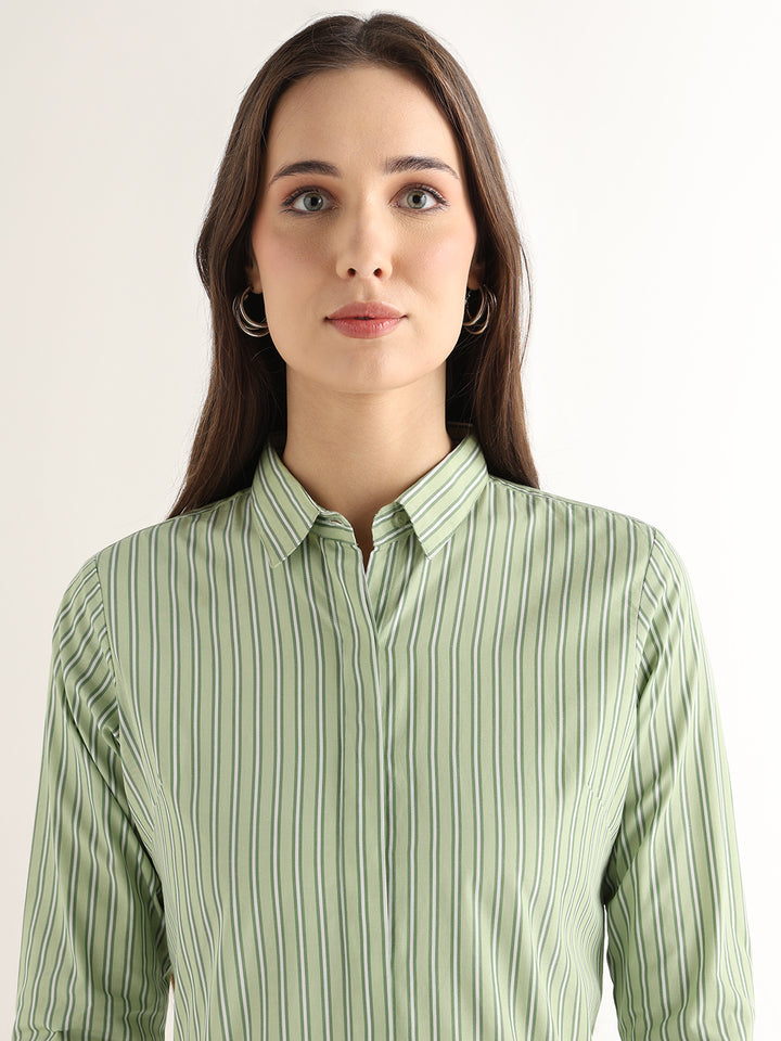 Hancock Women Green Striped Pure Cotton Regular Fit Formal Shirt