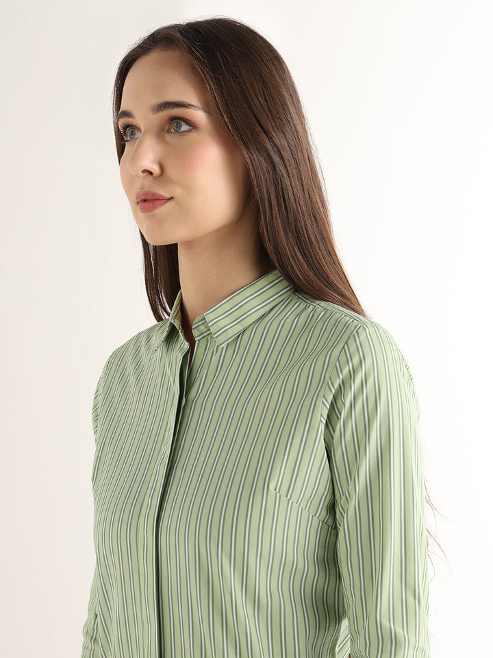 Hancock Women Green Striped Pure Cotton Regular Fit Formal Shirt