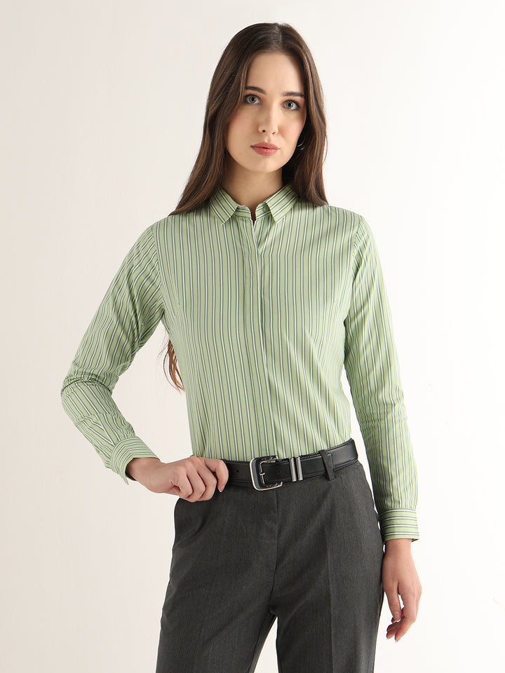 Hancock Women Green Striped Pure Cotton Regular Fit Formal Shirt