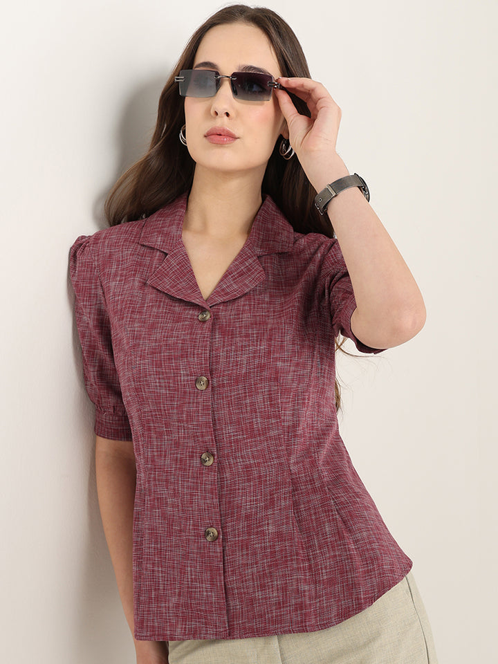 Hancock Women Maroon Solid Self Design Pure Cotton Regular Fit Formal Shirt