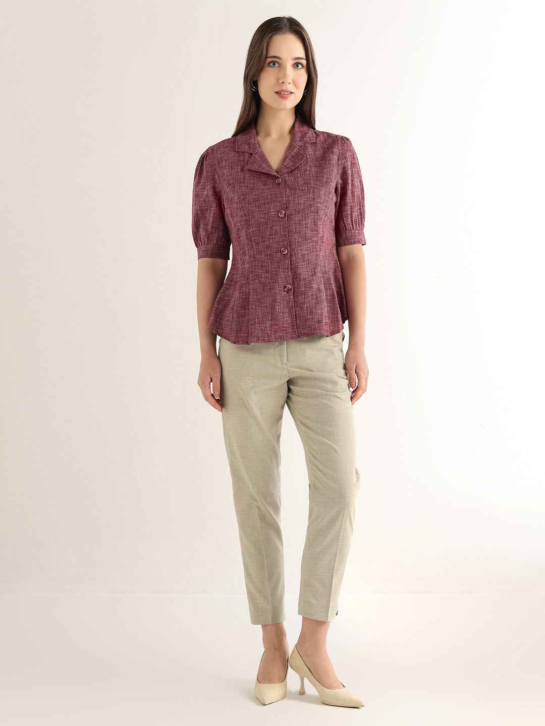 Hancock Women Maroon Solid Self Design Pure Cotton Regular Fit Formal Shirt