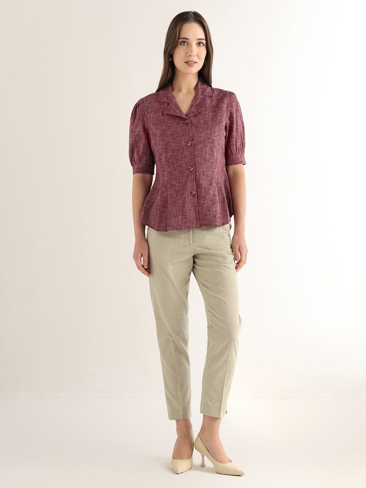 Hancock Women Maroon Solid Self Design Pure Cotton Regular Fit Formal Shirt