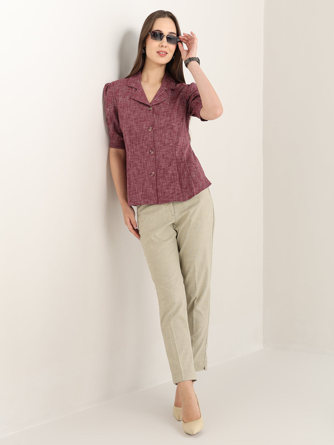 Hancock Women Maroon Solid Self Design Pure Cotton Regular Fit Formal Shirt