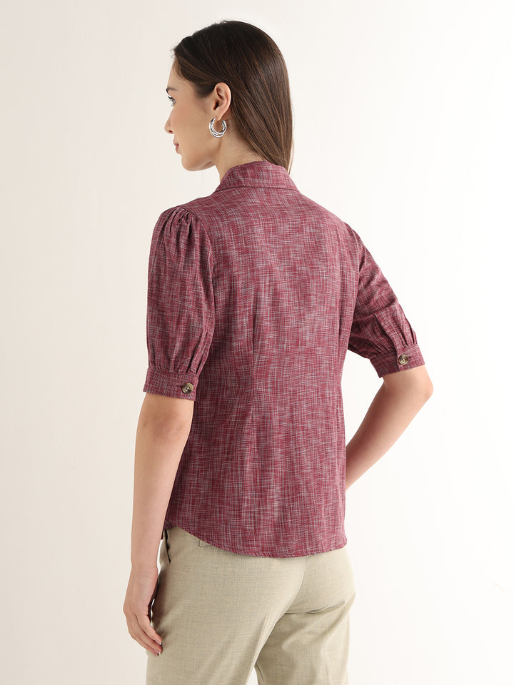 Hancock Women Maroon Solid Self Design Pure Cotton Regular Fit Formal Shirt