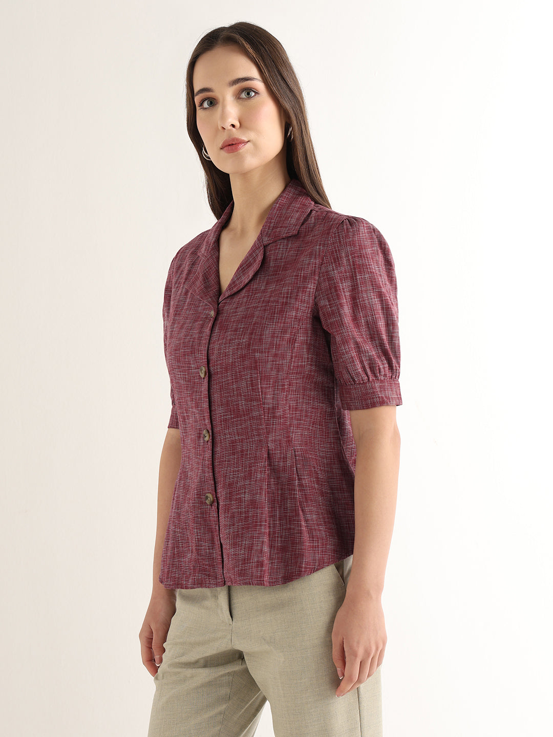 Hancock Women Maroon Solid Self Design Pure Cotton Regular Fit Formal Shirt