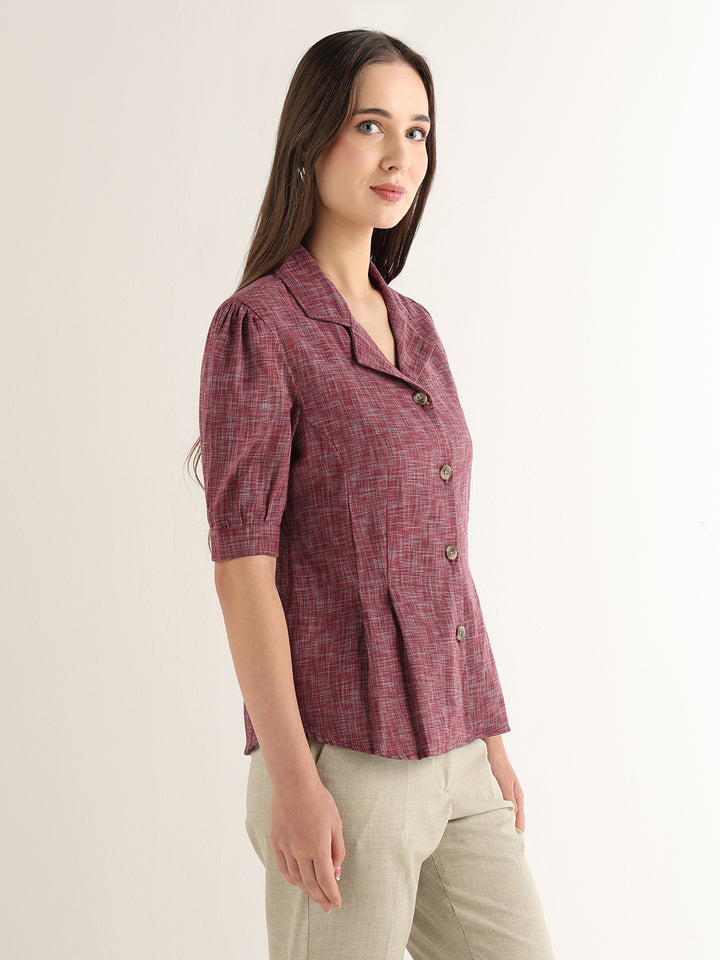 Hancock Women Maroon Solid Self Design Pure Cotton Regular Fit Formal Shirt
