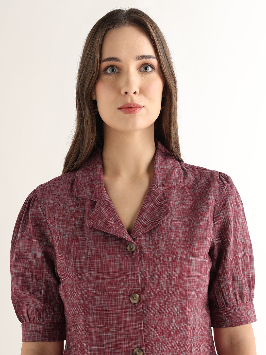 Hancock Women Maroon Solid Self Design Pure Cotton Regular Fit Formal Shirt