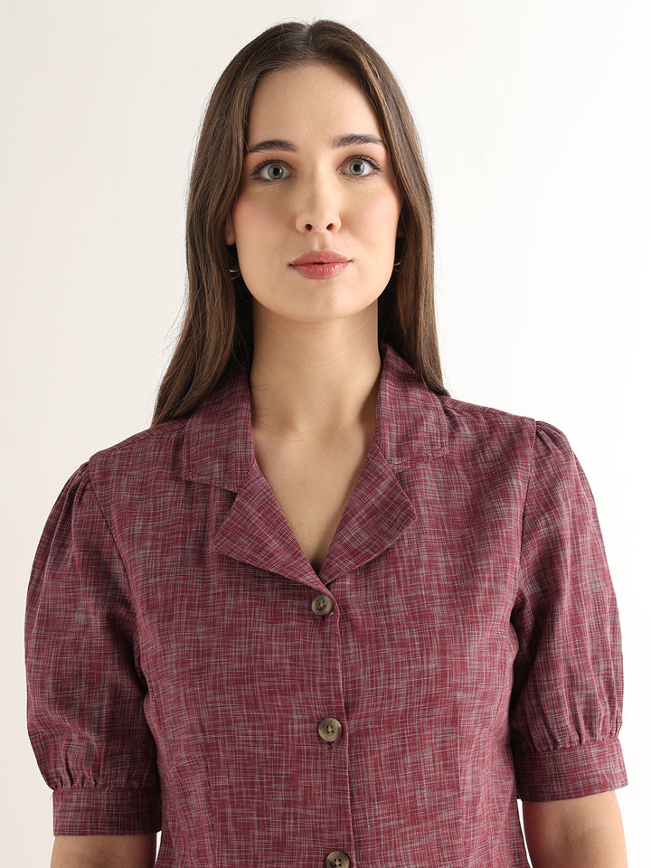 Hancock Women Maroon Solid Self Design Pure Cotton Regular Fit Formal Shirt