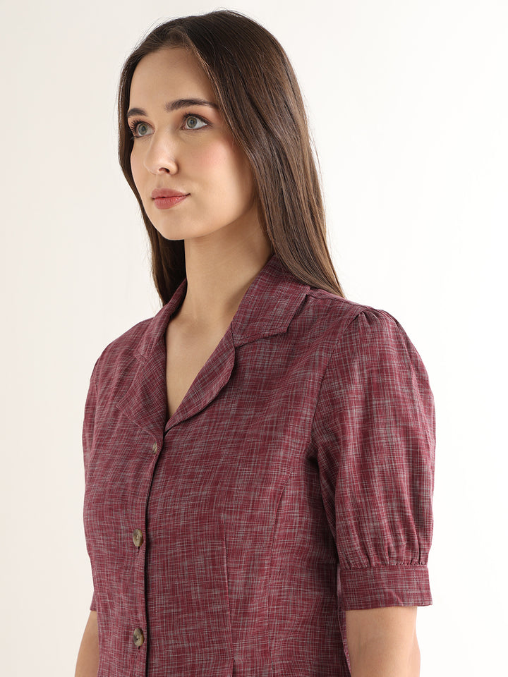 Hancock Women Maroon Solid Self Design Pure Cotton Regular Fit Formal Shirt
