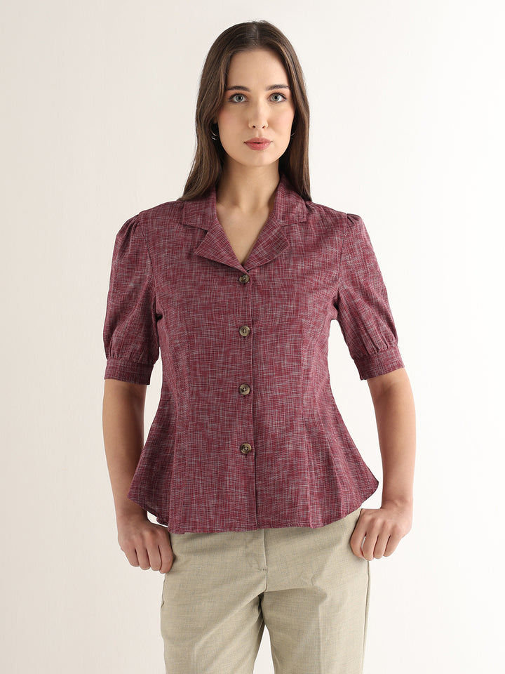 Hancock Women Maroon Solid Self Design Pure Cotton Regular Fit Formal Shirt