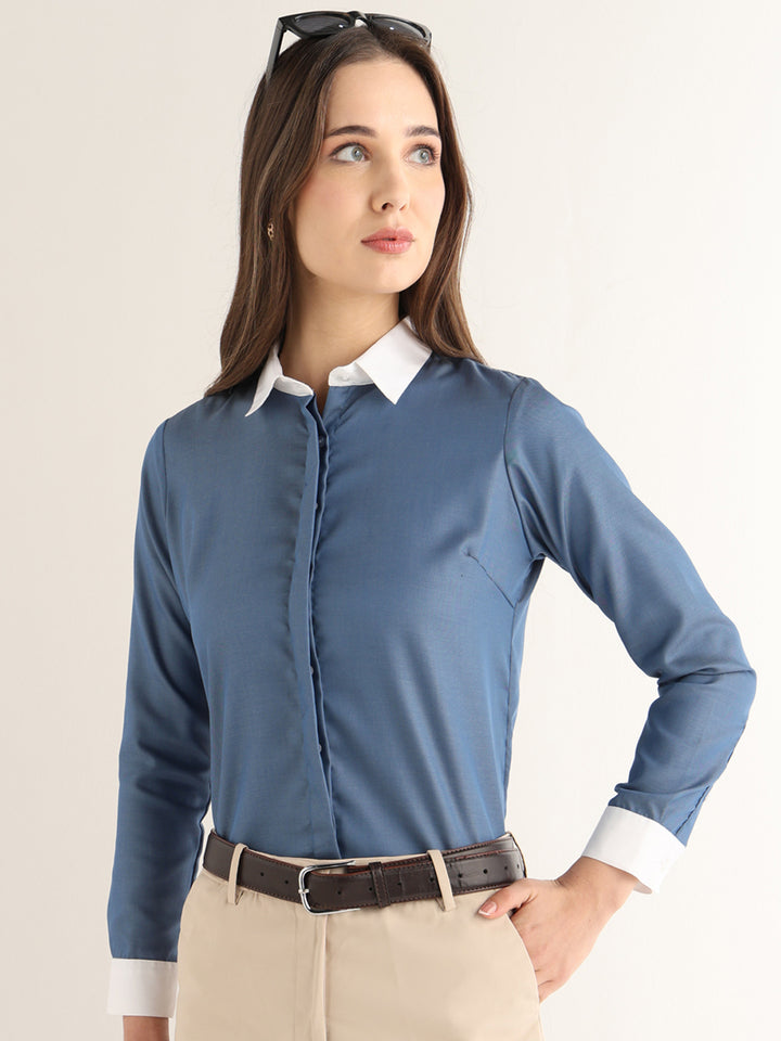 Hancock Women Steel Blue Solid Self Design Pure Cotton Regular Fit Formal Shirt
