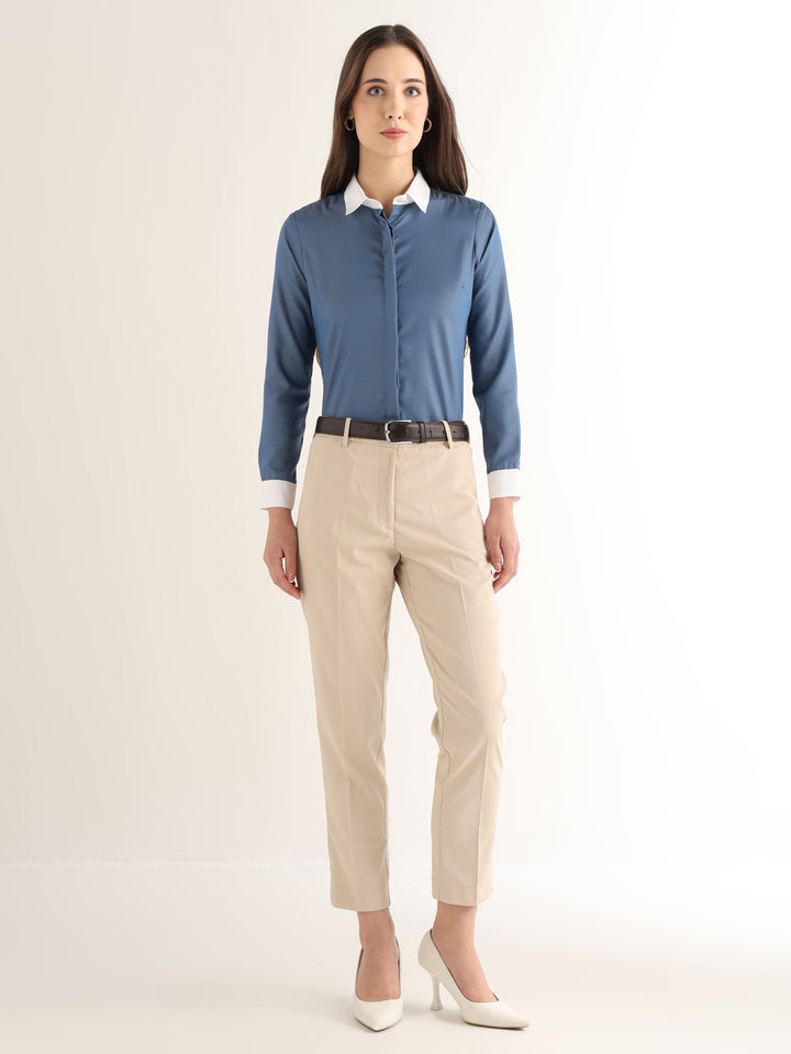 Hancock Women Steel Blue Solid Self Design Pure Cotton Regular Fit Formal Shirt