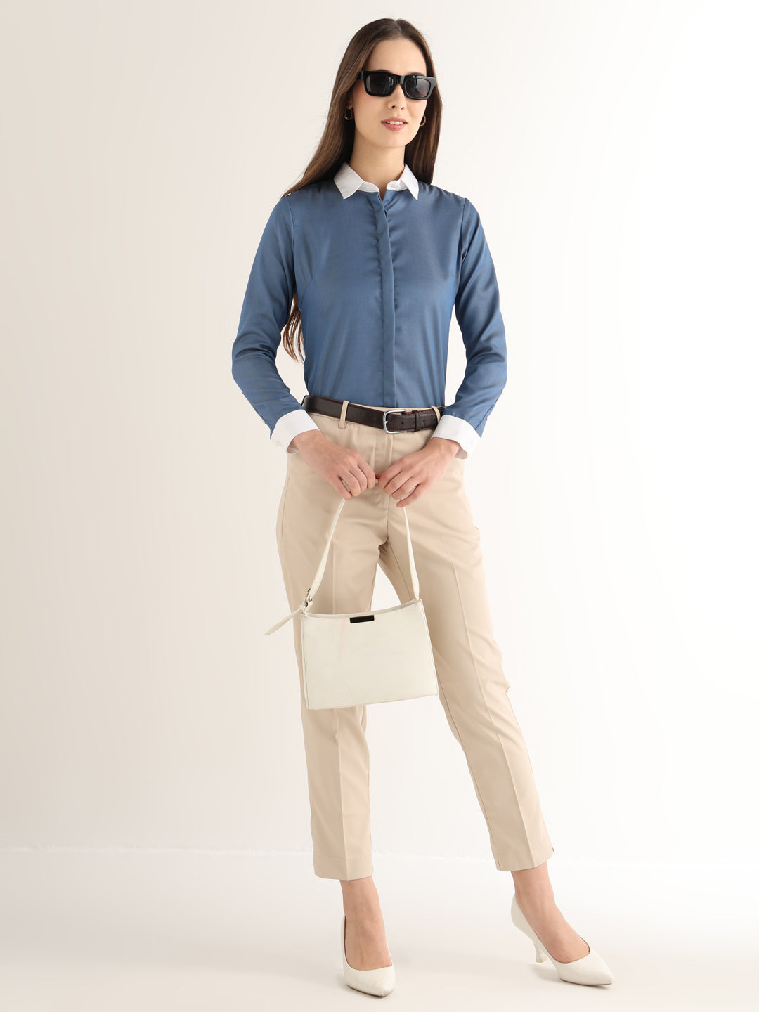 Hancock Women Steel Blue Solid Self Design Pure Cotton Regular Fit Formal Shirt
