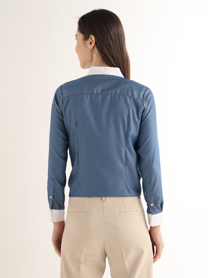 Hancock Women Steel Blue Solid Self Design Pure Cotton Regular Fit Formal Shirt