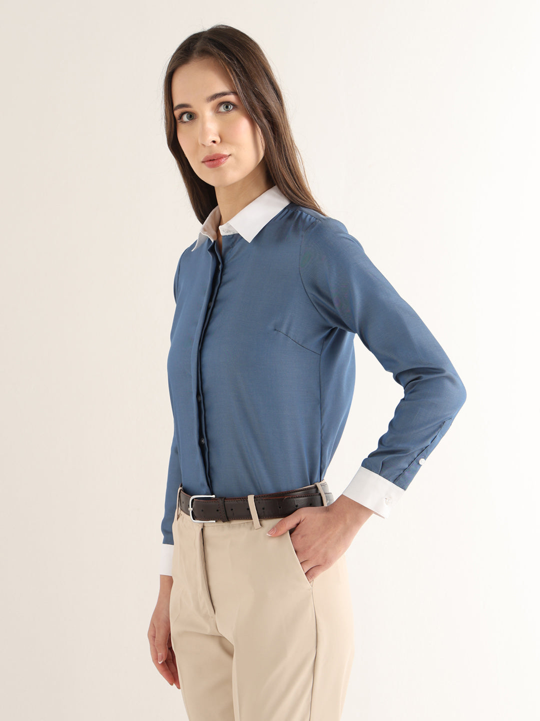 Hancock Women Steel Blue Solid Self Design Pure Cotton Regular Fit Formal Shirt