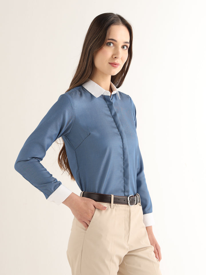 Hancock Women Steel Blue Solid Self Design Pure Cotton Regular Fit Formal Shirt