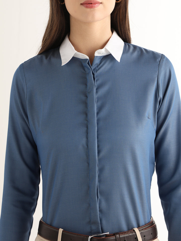 Hancock Women Steel Blue Solid Self Design Pure Cotton Regular Fit Formal Shirt