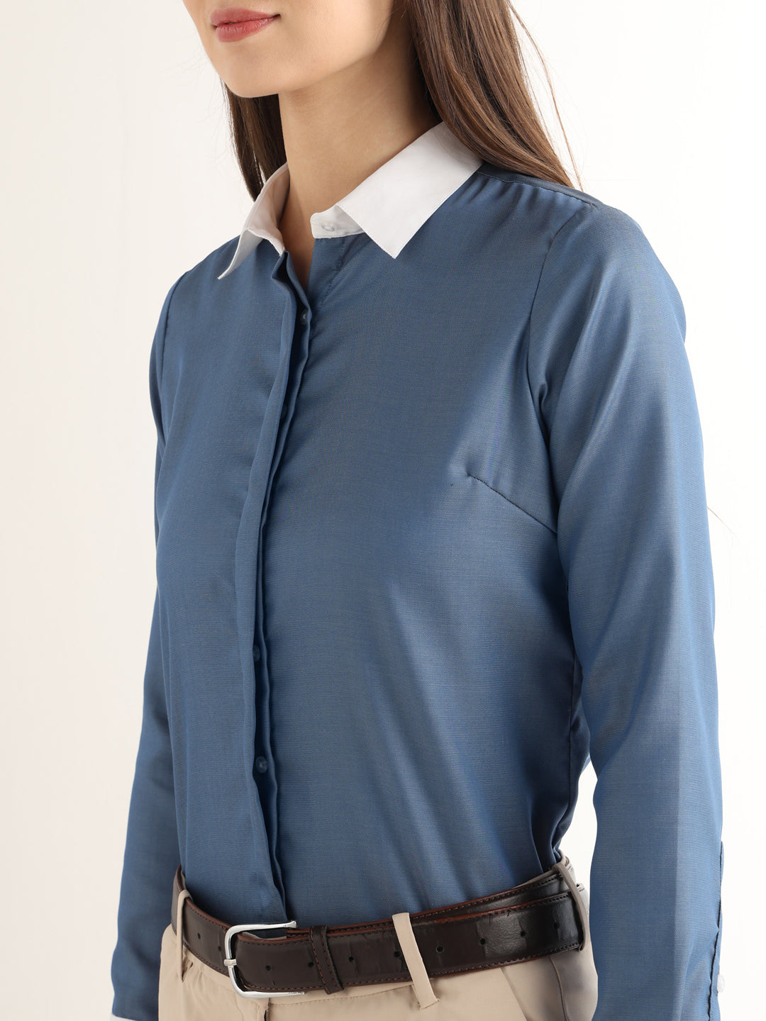 Hancock Women Steel Blue Solid Self Design Pure Cotton Regular Fit Formal Shirt