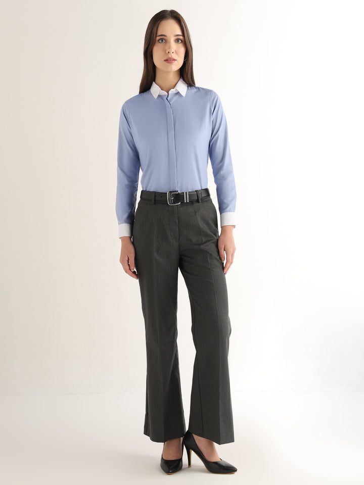 Hancock Women Sky Blue Solid Self Design Pure Cotton Regular Fit Formal Shirt