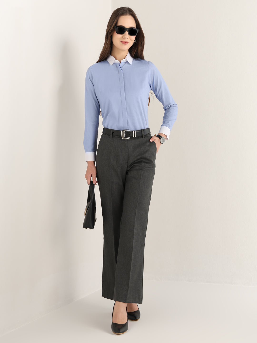Hancock Women Sky Blue Solid Self Design Pure Cotton Regular Fit Formal Shirt