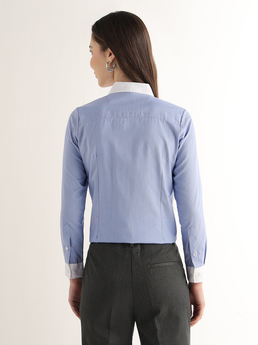 Hancock Women Sky Blue Solid Self Design Pure Cotton Regular Fit Formal Shirt