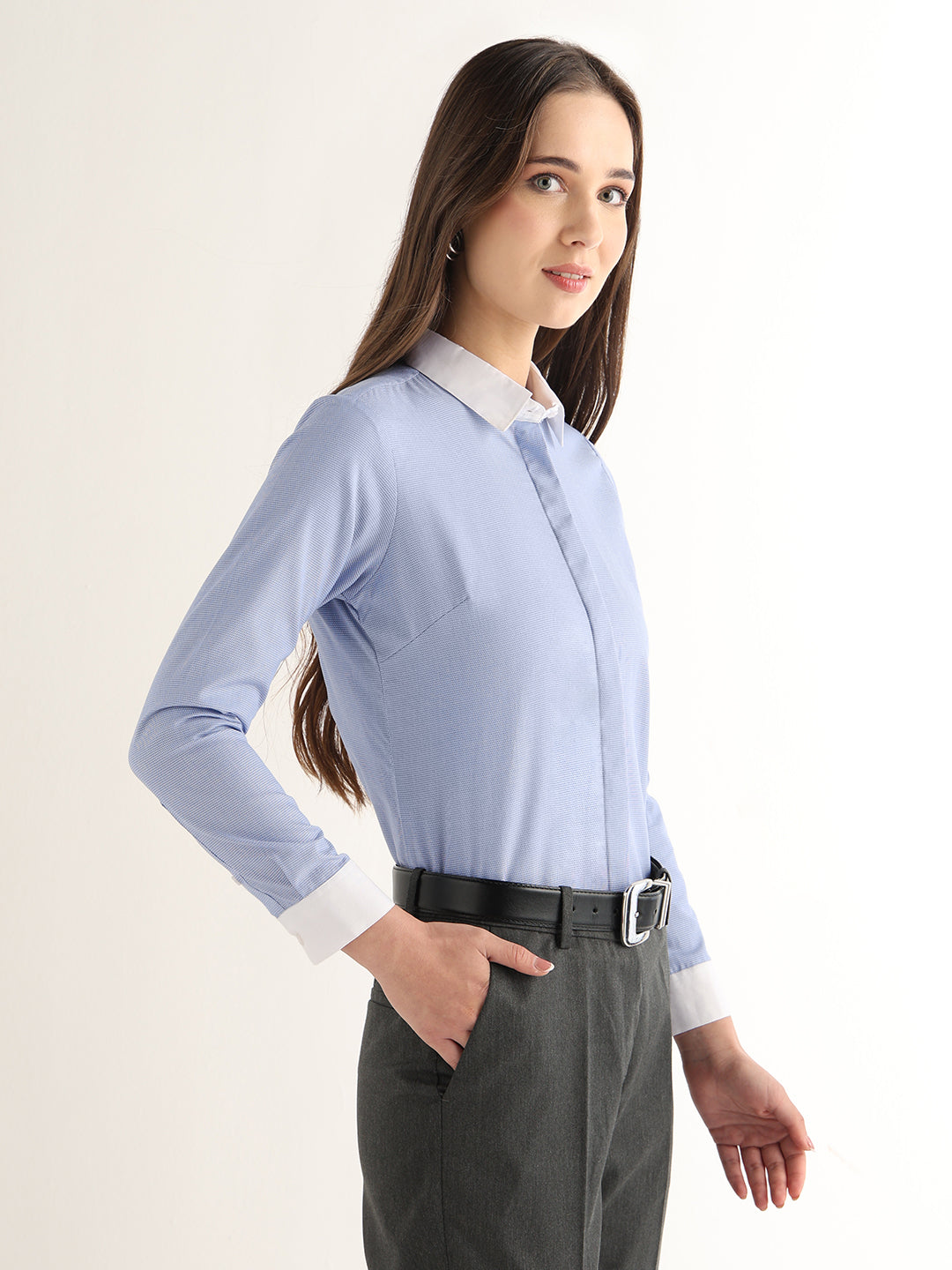 Hancock Women Sky Blue Solid Self Design Pure Cotton Regular Fit Formal Shirt