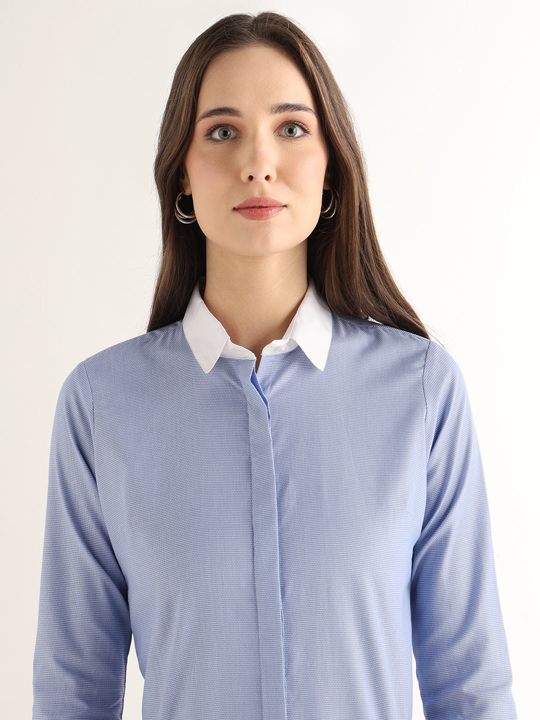 Hancock Women Sky Blue Solid Self Design Pure Cotton Regular Fit Formal Shirt