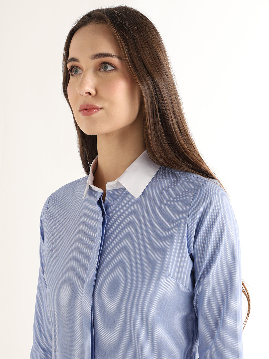 Hancock Women Sky Blue Solid Self Design Pure Cotton Regular Fit Formal Shirt