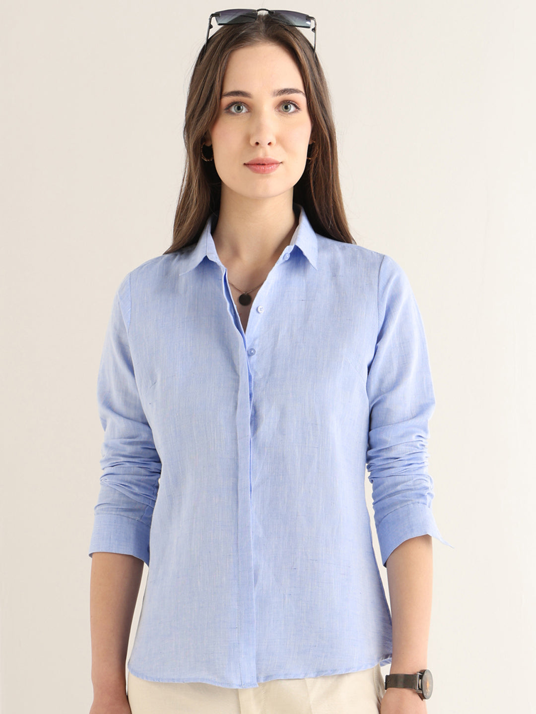 Hancock Women Blue Solid Pure Linen Regular Fit Formal Shirt