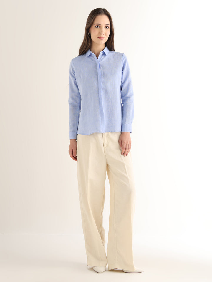 Hancock Women Blue Solid Pure Linen Regular Fit Formal Shirt