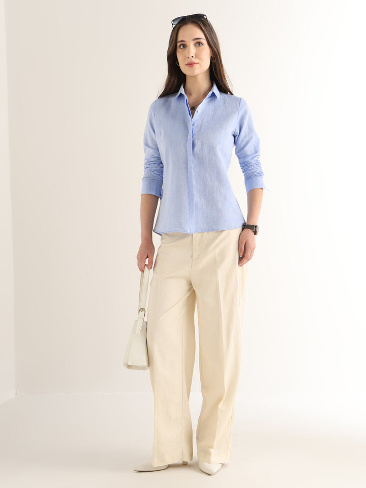 Hancock Women Blue Solid Pure Linen Regular Fit Formal Shirt