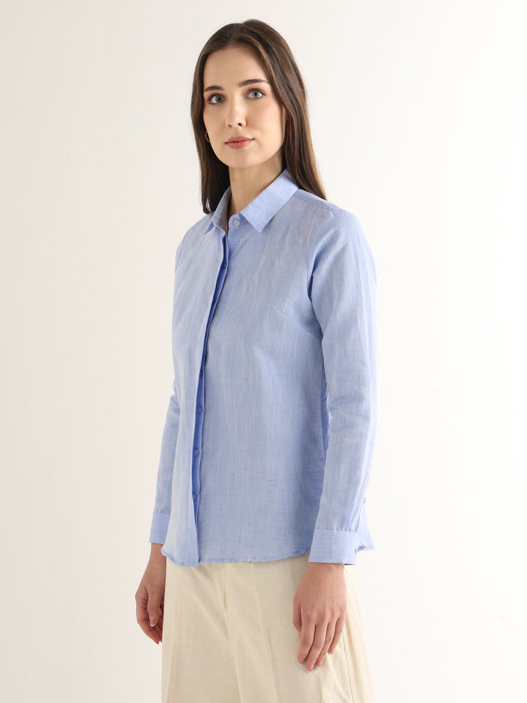 Hancock Women Blue Solid Pure Linen Regular Fit Formal Shirt