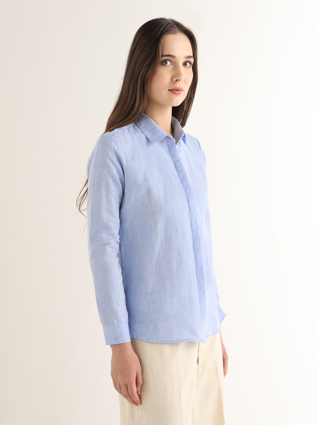 Hancock Women Blue Solid Pure Linen Regular Fit Formal Shirt