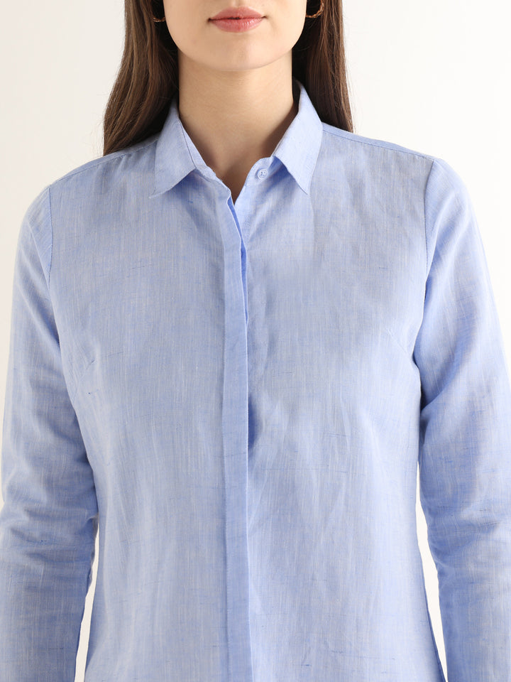 Hancock Women Blue Solid Pure Linen Regular Fit Formal Shirt