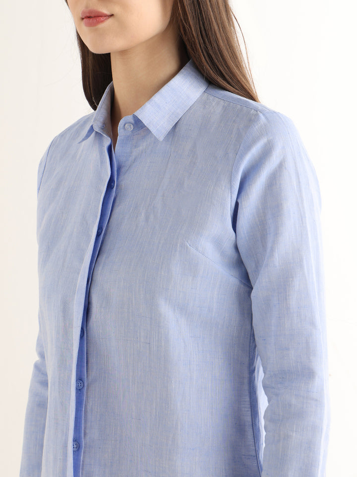 Hancock Women Blue Solid Pure Linen Regular Fit Formal Shirt