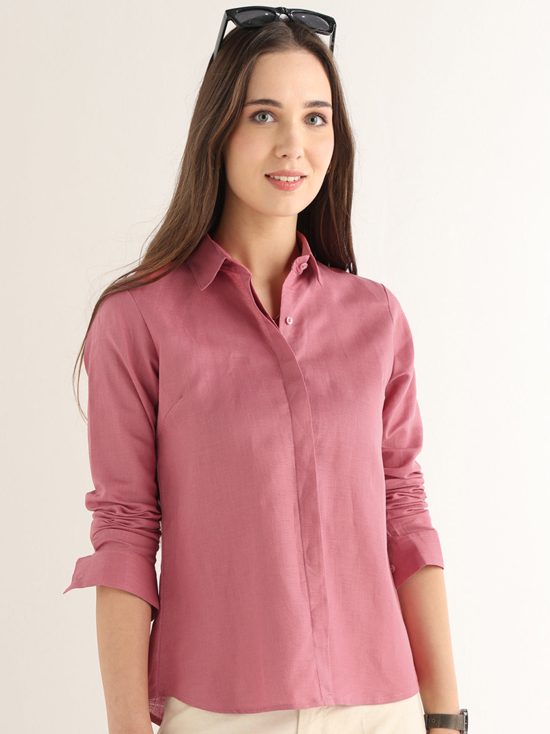 Hancock Women Pink Solid Pure Linen Regular Fit Formal Shirt