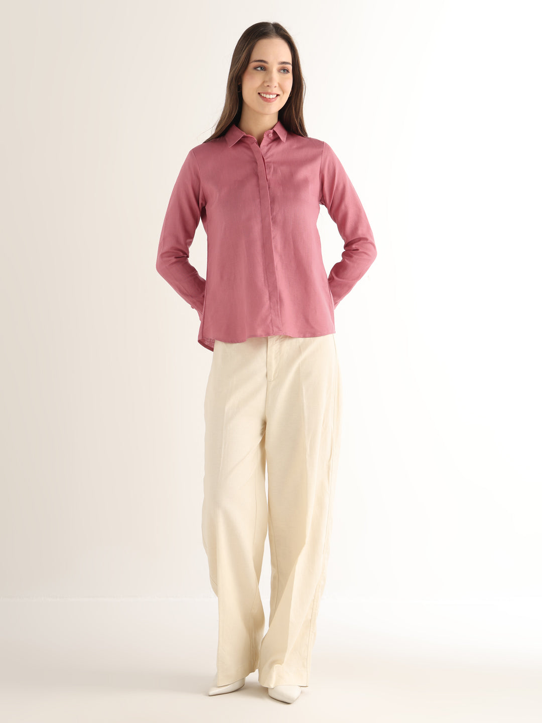 Hancock Women Pink Solid Pure Linen Regular Fit Formal Shirt