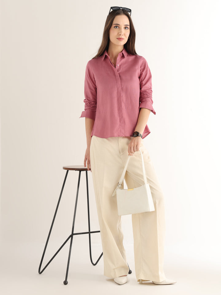 Hancock Women Pink Solid Pure Linen Regular Fit Formal Shirt
