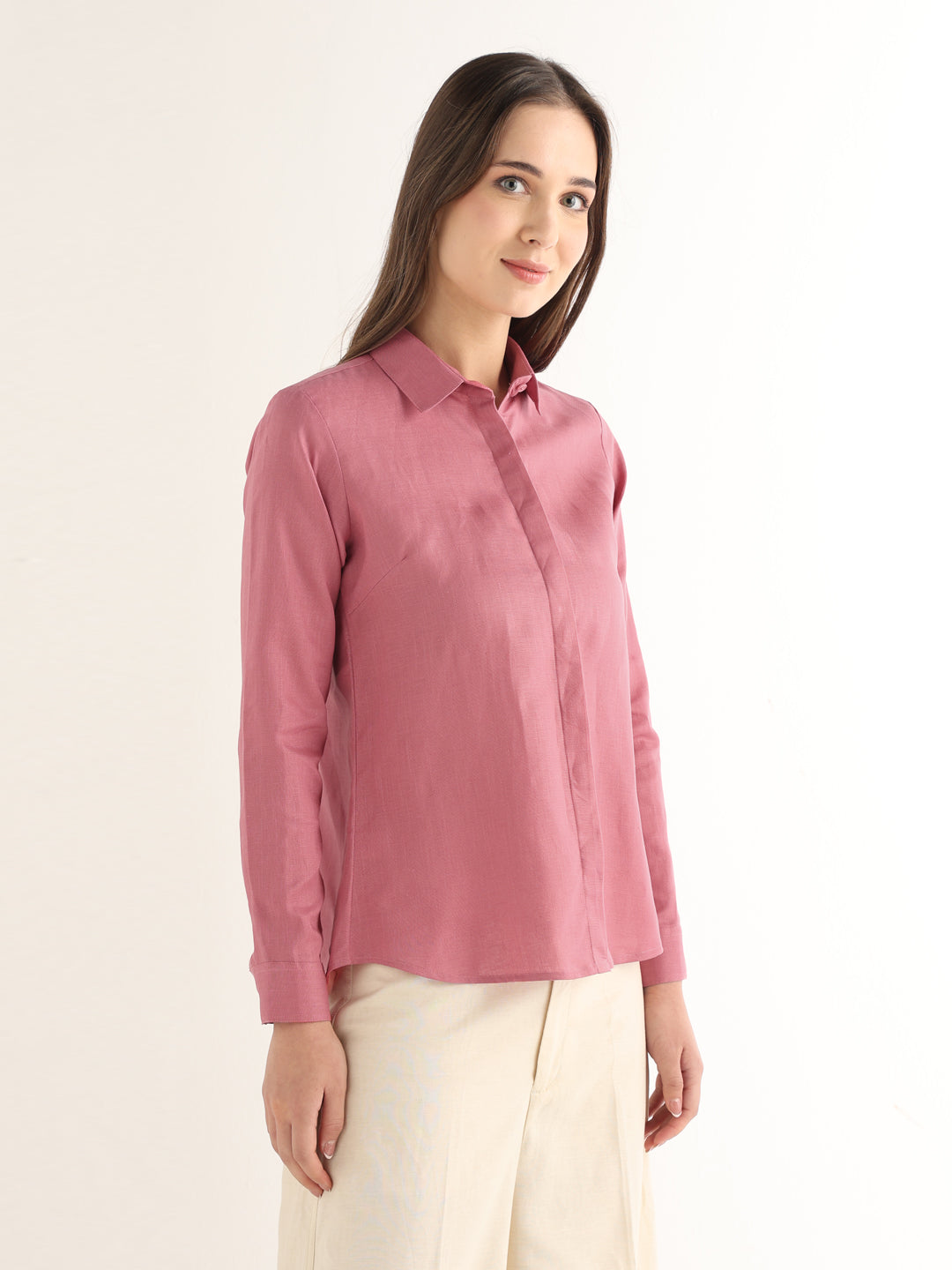 Hancock Women Pink Solid Pure Linen Regular Fit Formal Shirt